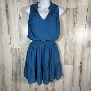 Evereve Bright Blue Pleated Dress XS | Smocked Waist | Ruffle Hem | MSRP $99